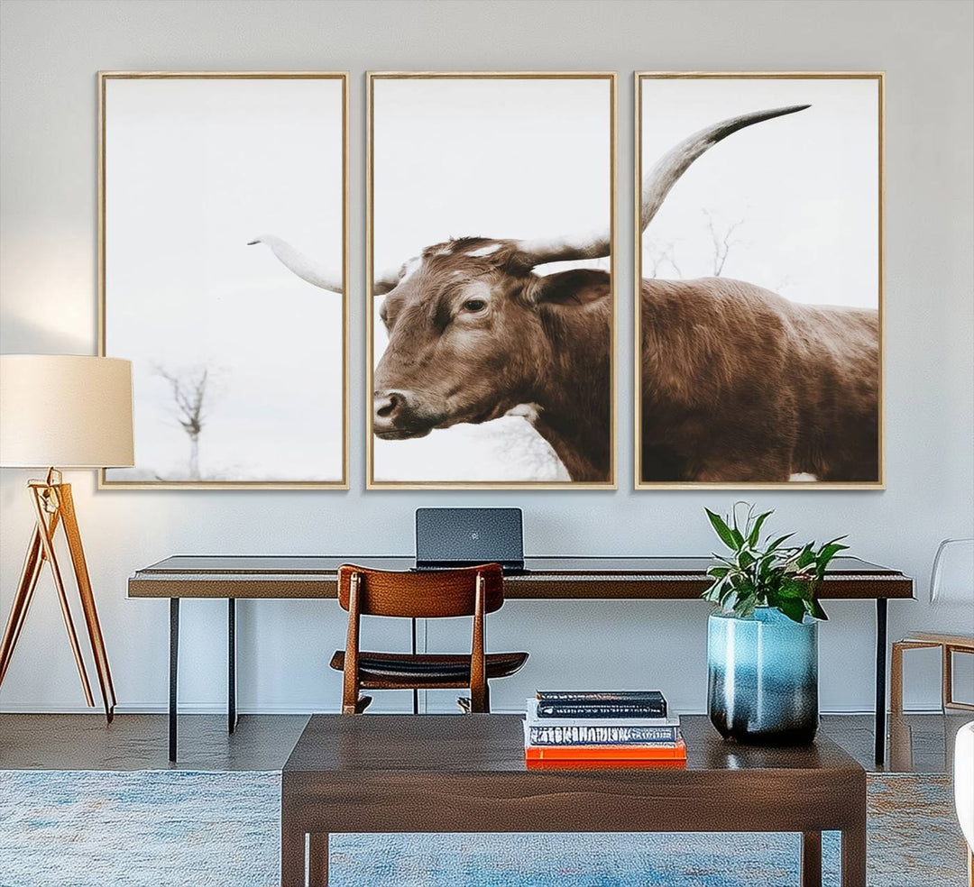 The Rustic Bull Wall Art Canvas decor hangs prominently on the wall.