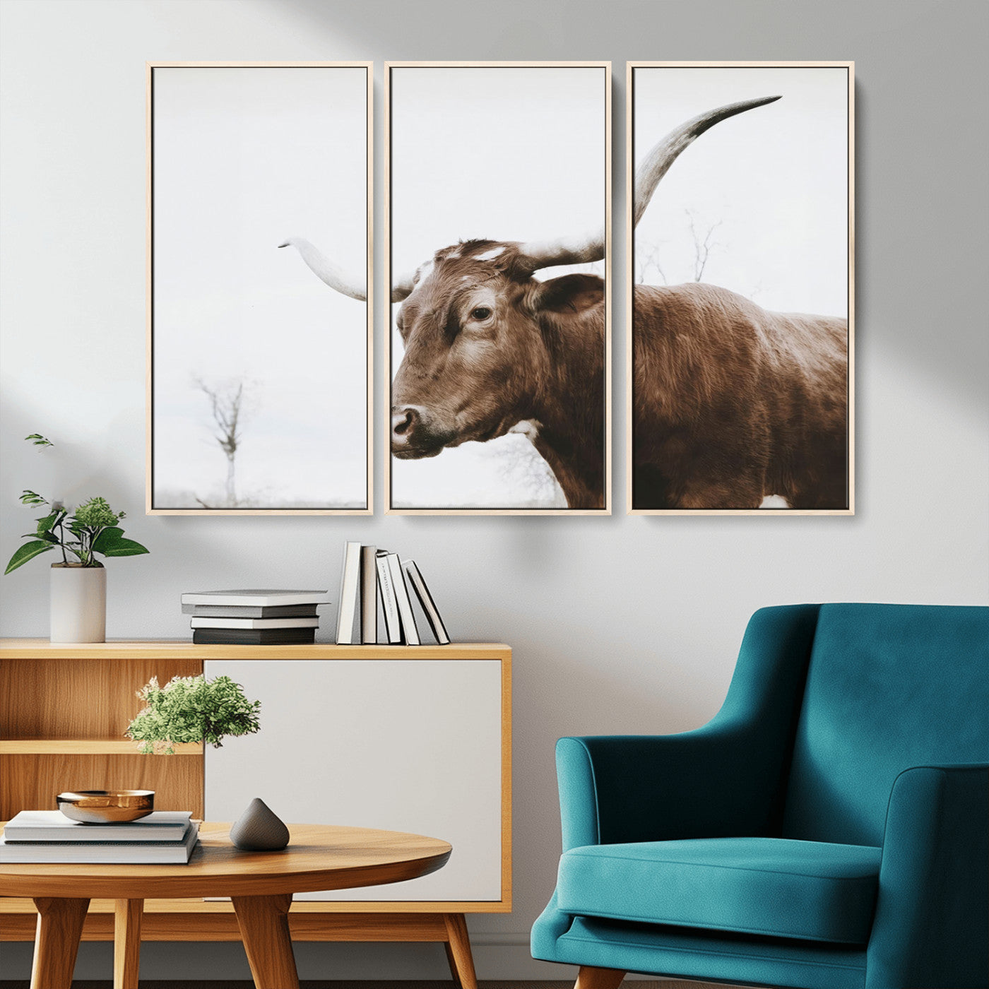 MGV-FC-48X32-3P - Rustic Bull Wall Art Canvas Print – Modern Longhorn Farmhouse Animal Decor – Abstract Farm Cow