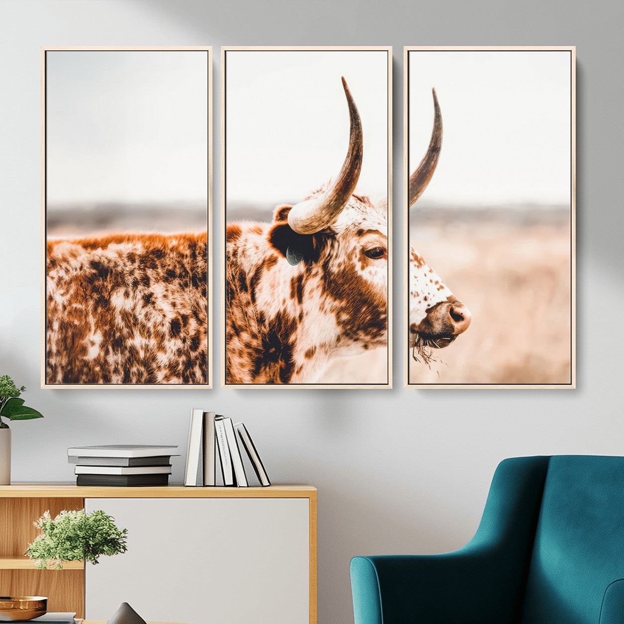 MGV-FC-48X32-3P - Speckled Bull Wall Art Canvas Print – Rustic Cow Longhorn Farmhouse Animal Decor – Western Longhorn