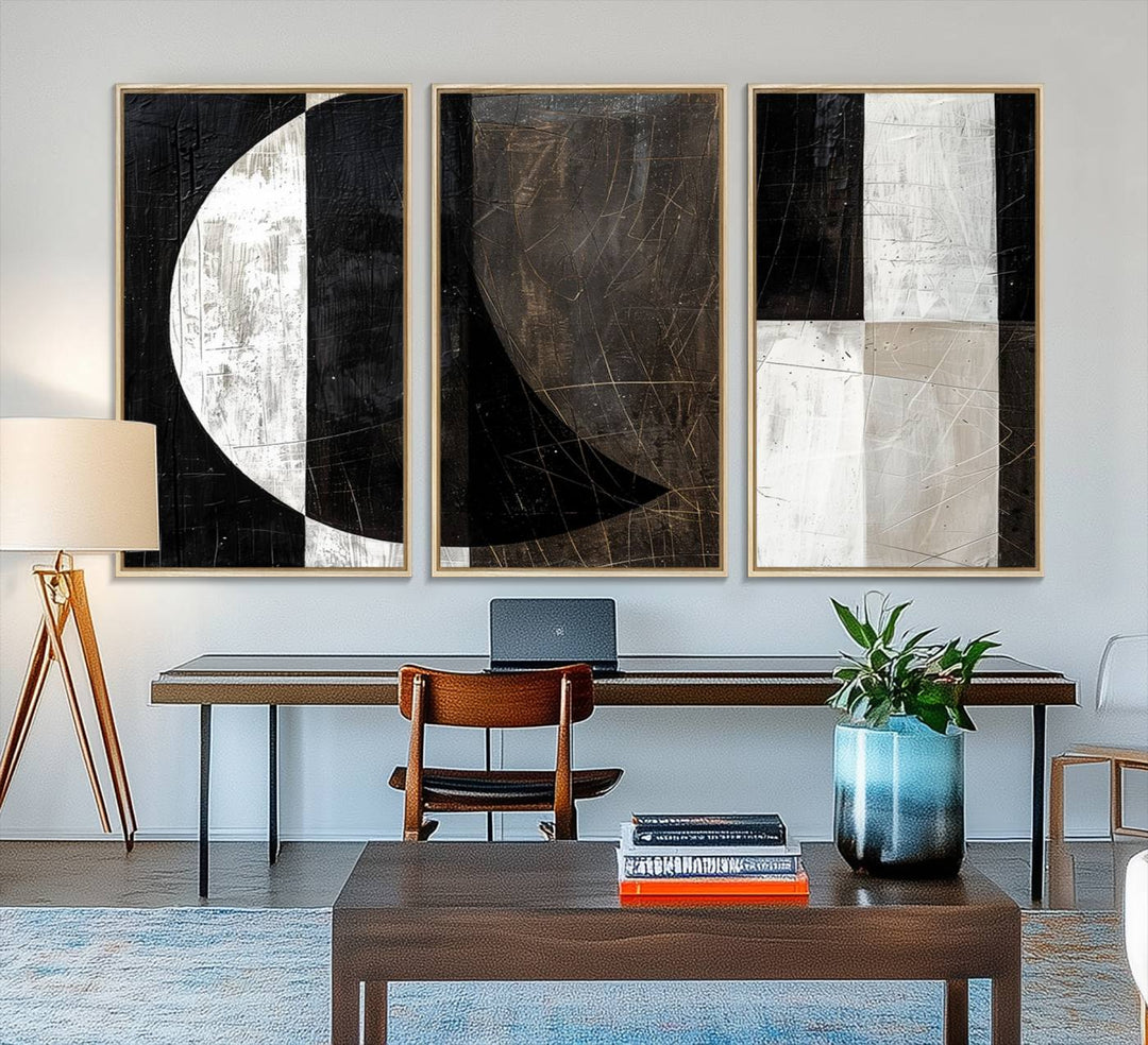 Wabi Sabi Wall Art Canvas Set features black, white, and brown geometric shapes.