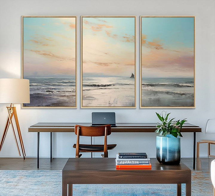 An Abstract Ocean Wall Art - Boat Canvas Print hangs prominently.