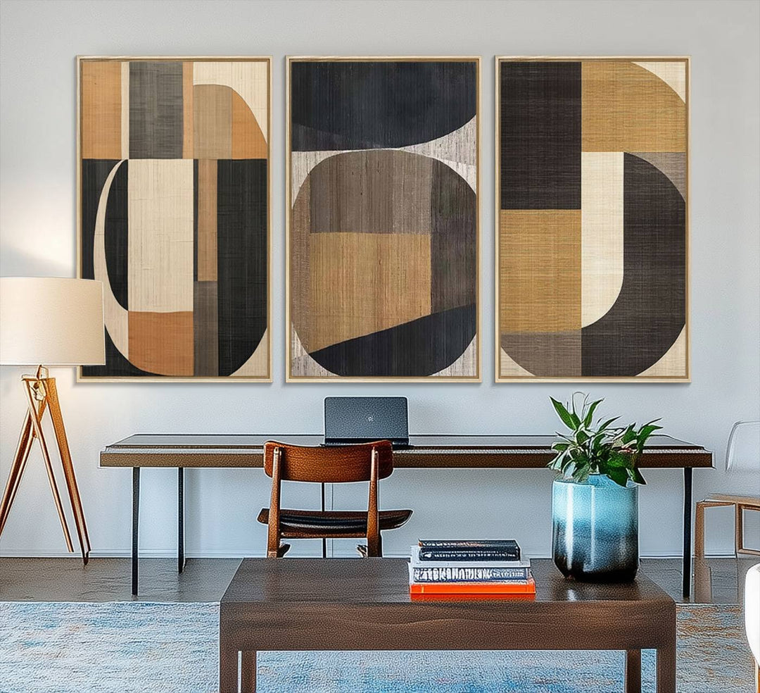 The Modern Brown Wabi Sabi Abstract Canvas Print Set hangs on the wall.