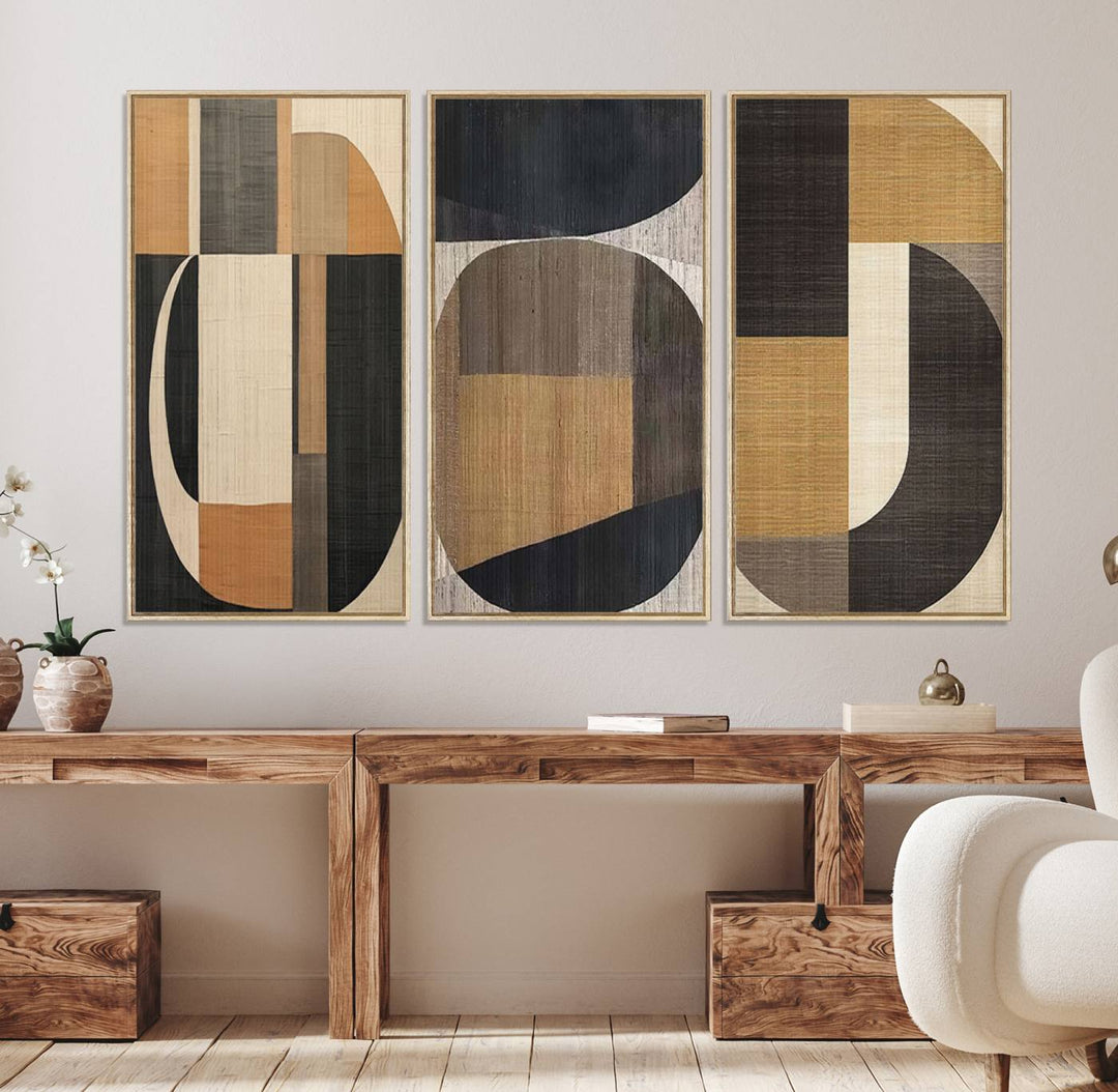 Framed Wabi Sabi Art Print: A modern minimalist geometric canvas featuring earthy tones and overlapping rounded shapes. Ready to hang.