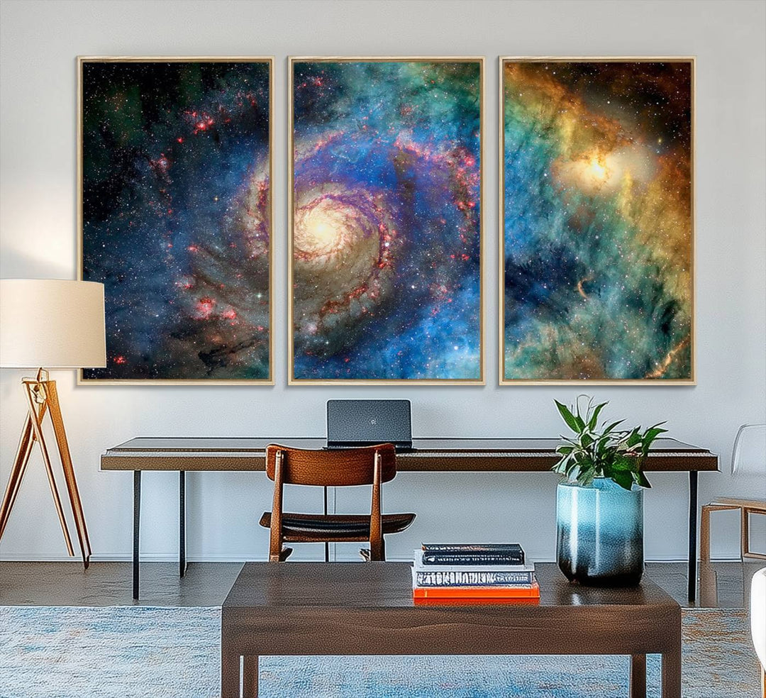 A Spiral Galaxy Wall Art Canvas Print hangs prominently.