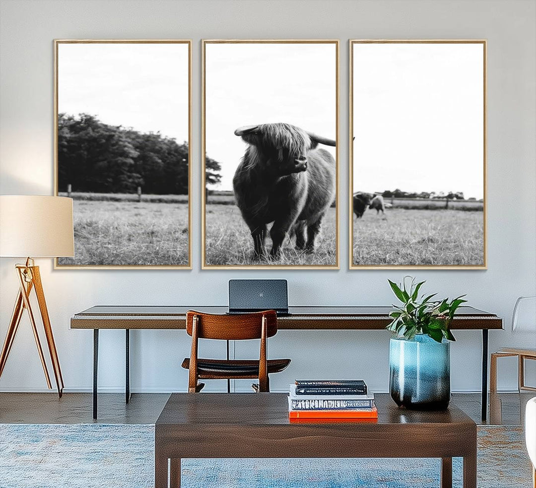 The Black and White Highland Cow Canvas Print is perfect rustic western decor.