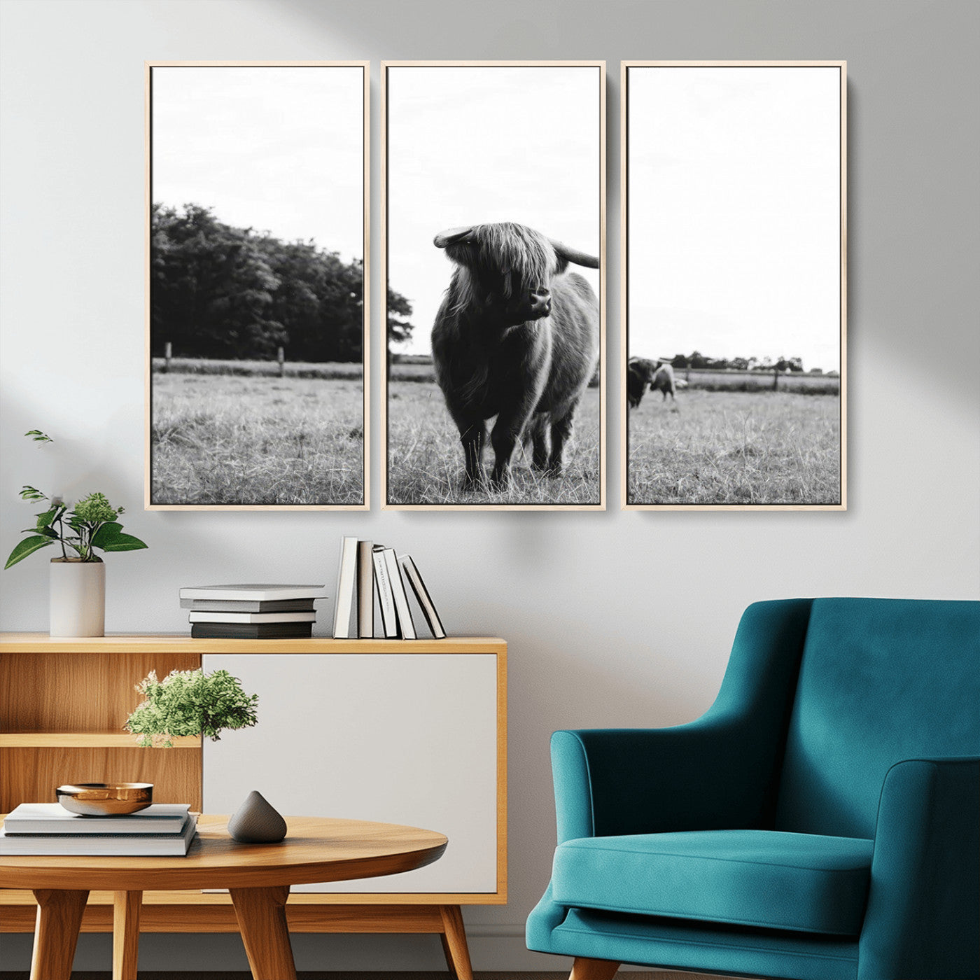 MGV-FC-48X32-3P - Black and White Highland Cow Wall Art Canvas Print | Rustic Western Decor for Living Room or Office,