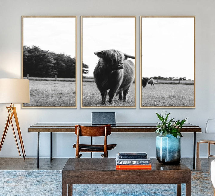 The Black and White Highland Cow Canvas Print is perfect rustic western decor.