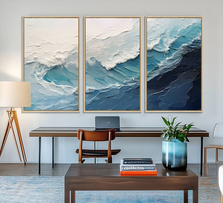 A Blue Abstract Wave Ocean Wall Art Canvas Print adorns the wall.