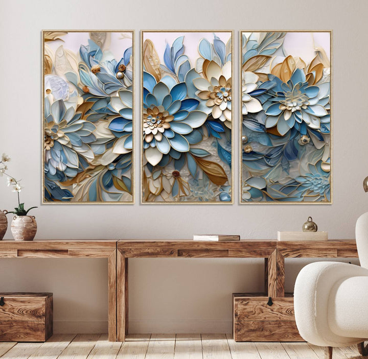 Blu Abstract Flower Canvas with blue, white, and gold petals—perfect home decor.