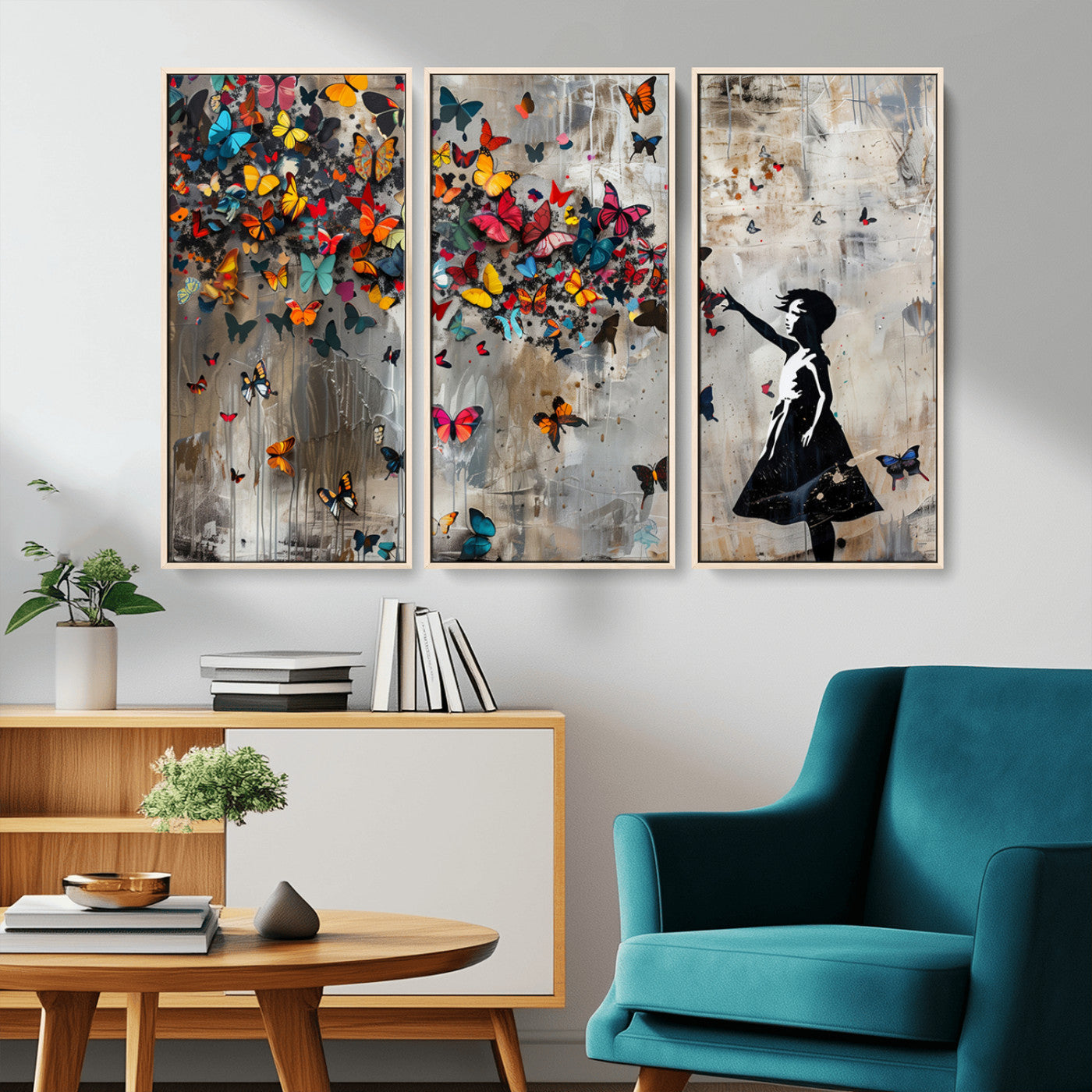 MGV-FC-48X32-3P - Banksy Wall Art - Banksy Girl and Butterfly Explosion Wall Art Canvas Print | Girl with Butterflies