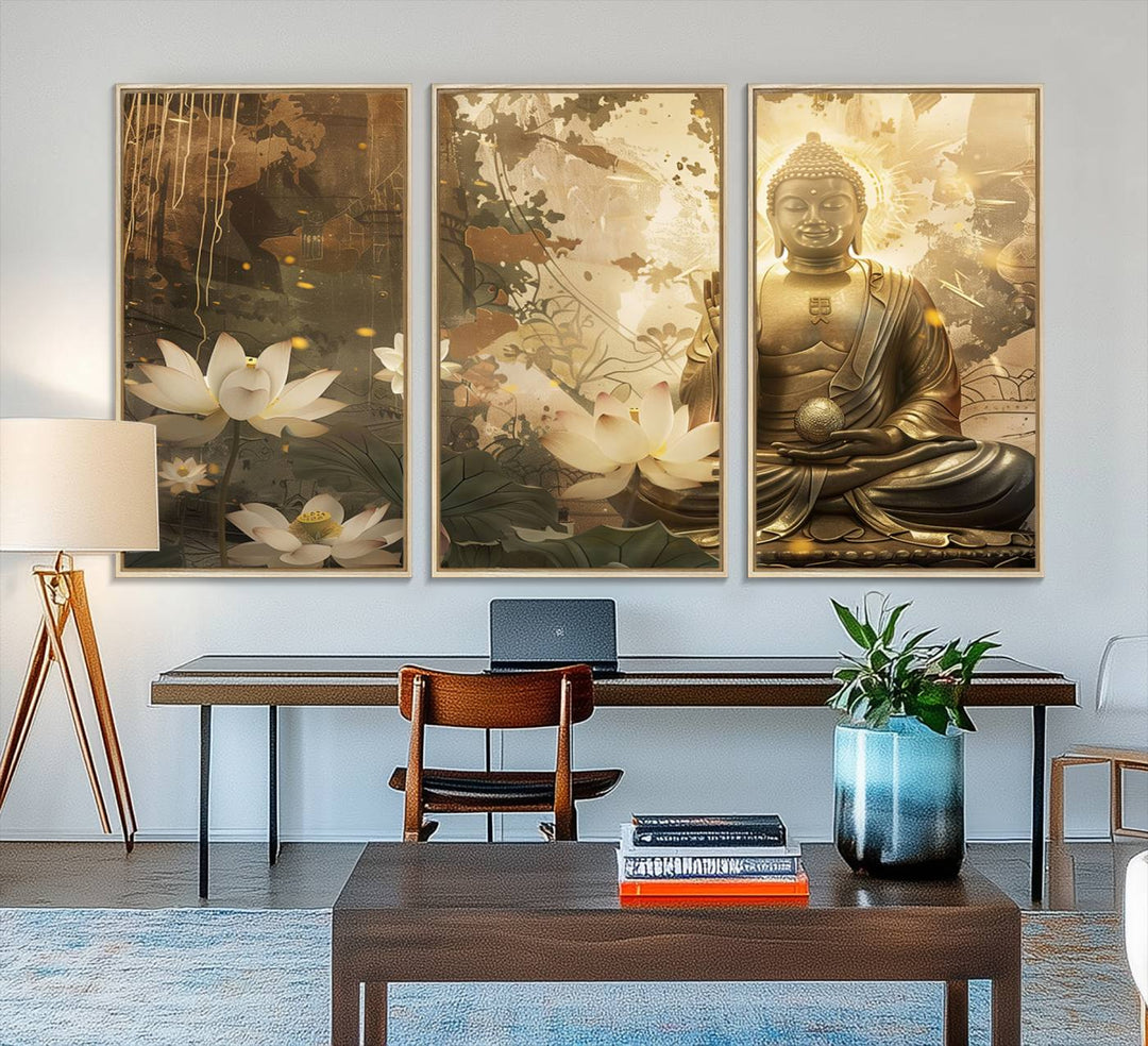 The living room features the Zen Buddha Wall Art Canvas Print with lotus flowers.