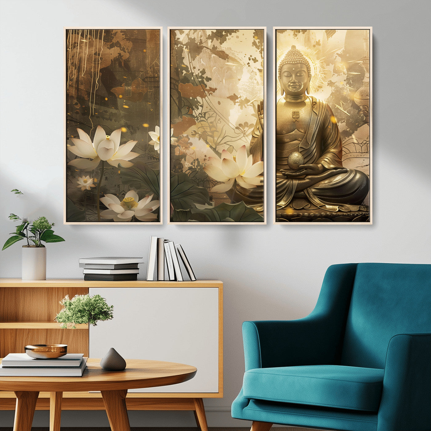 MGV-FC-48X32-3P - Zen Buddha Wall Art Canvas Print | Peaceful Meditation Decor with Lotus Flowers | Spiritual Serenity