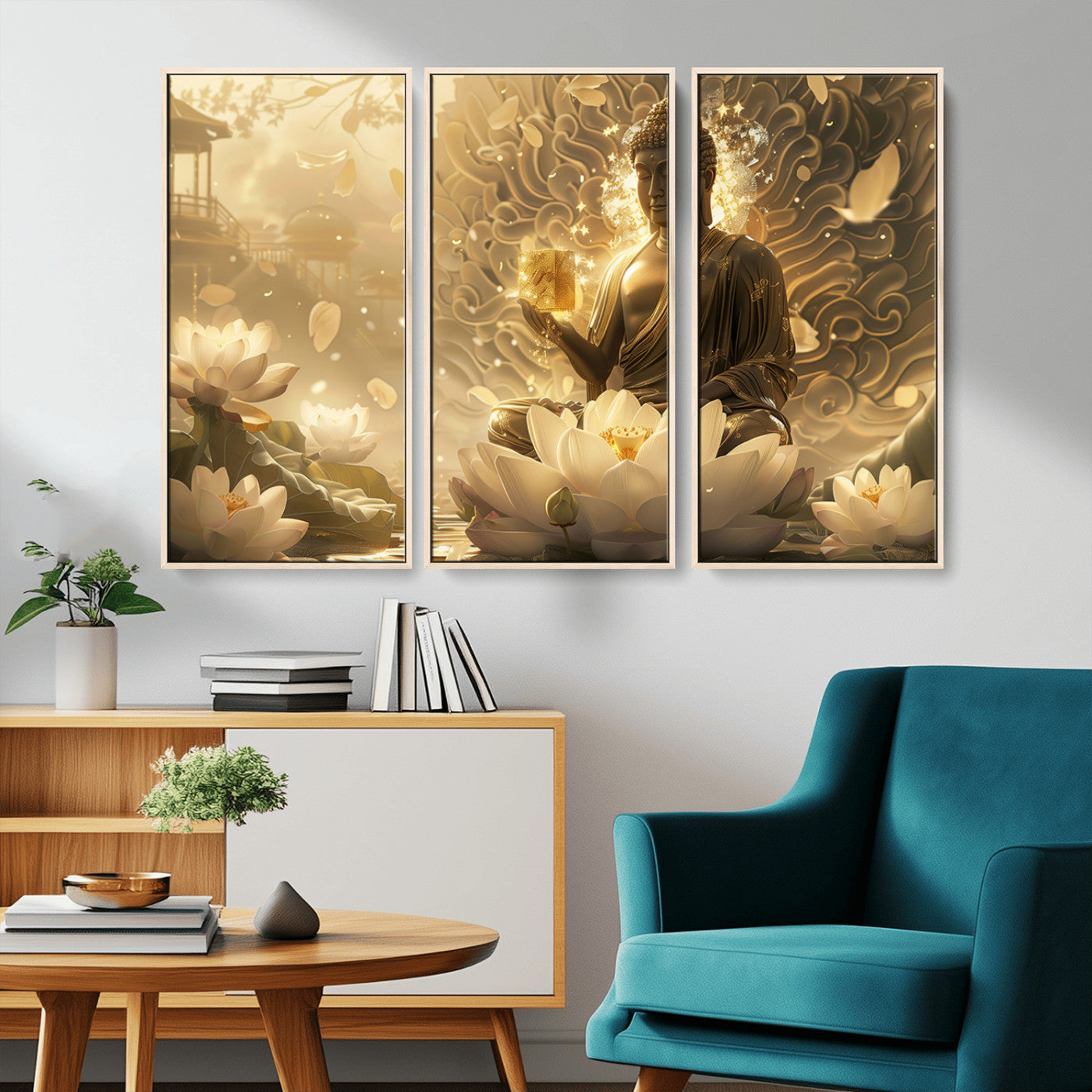MGV-FC-48X32-3P - Golden Buddha Wall Art | Yoga Room Decor and Meditation Room Wall Art | Framed and Ready to Hang
