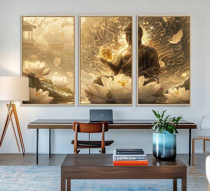 A framed Golden Buddha Wall Art with lotus flowers, ideal for meditation rooms, is beautifully displayed.