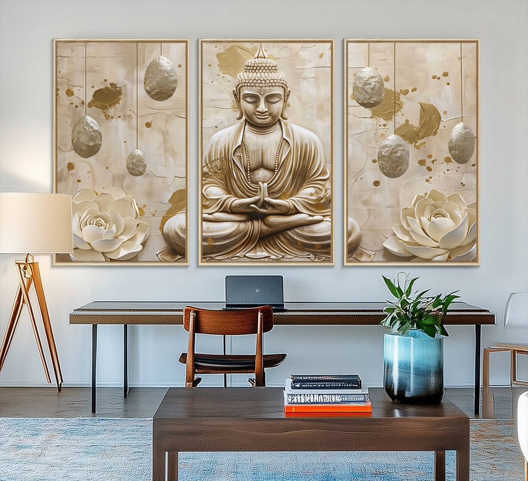 A modern Serene Buddha Wall Art, enhanced by lotus flowers, creates a tranquil atmosphere.