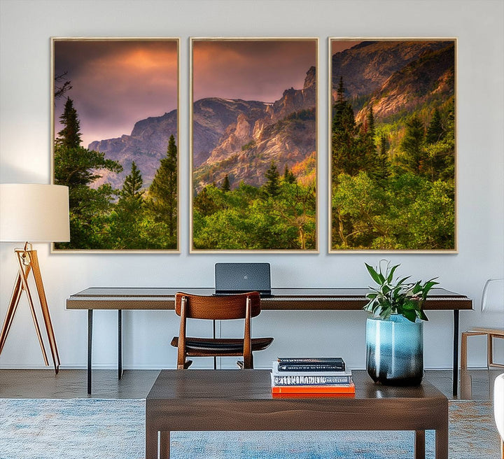 The Colorado Rockies Mountains wall art canvas print at sunset is displayed prominently.