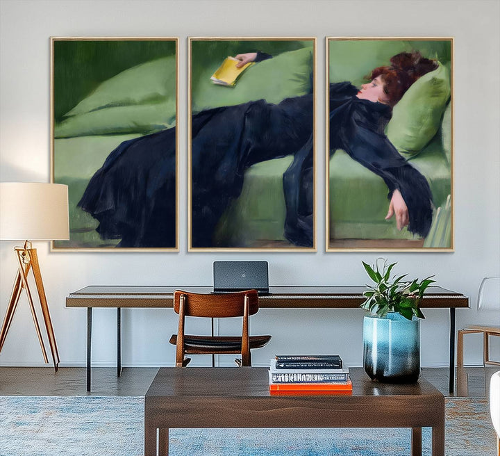 A modern kitchen features a Decadent Girl by Ramon Casas canvas print on the wall.