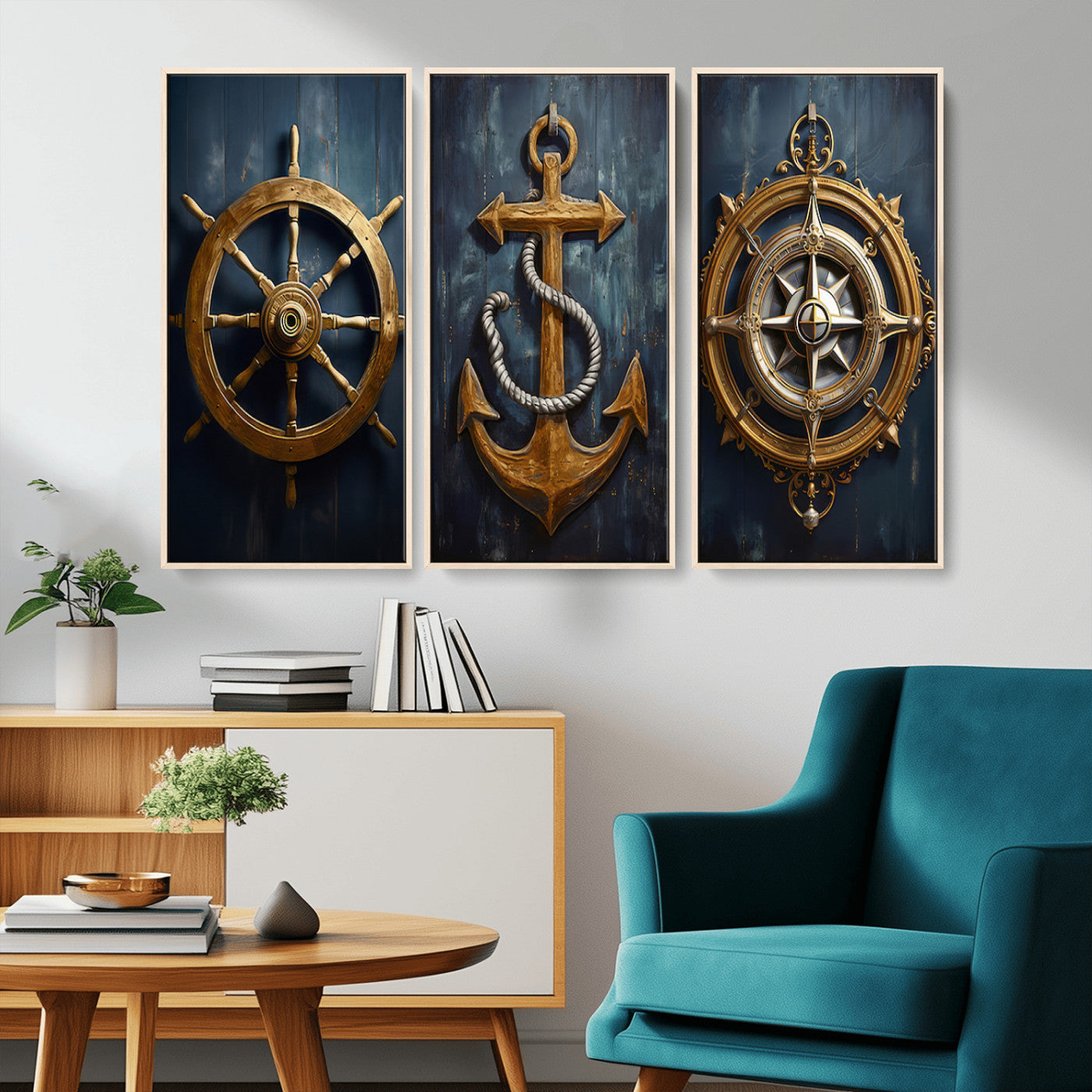 MGV-FC-48X32-3P - Boat Anchor Compass With Rope Wall Art Canvas Print | Beach House Wall Art
