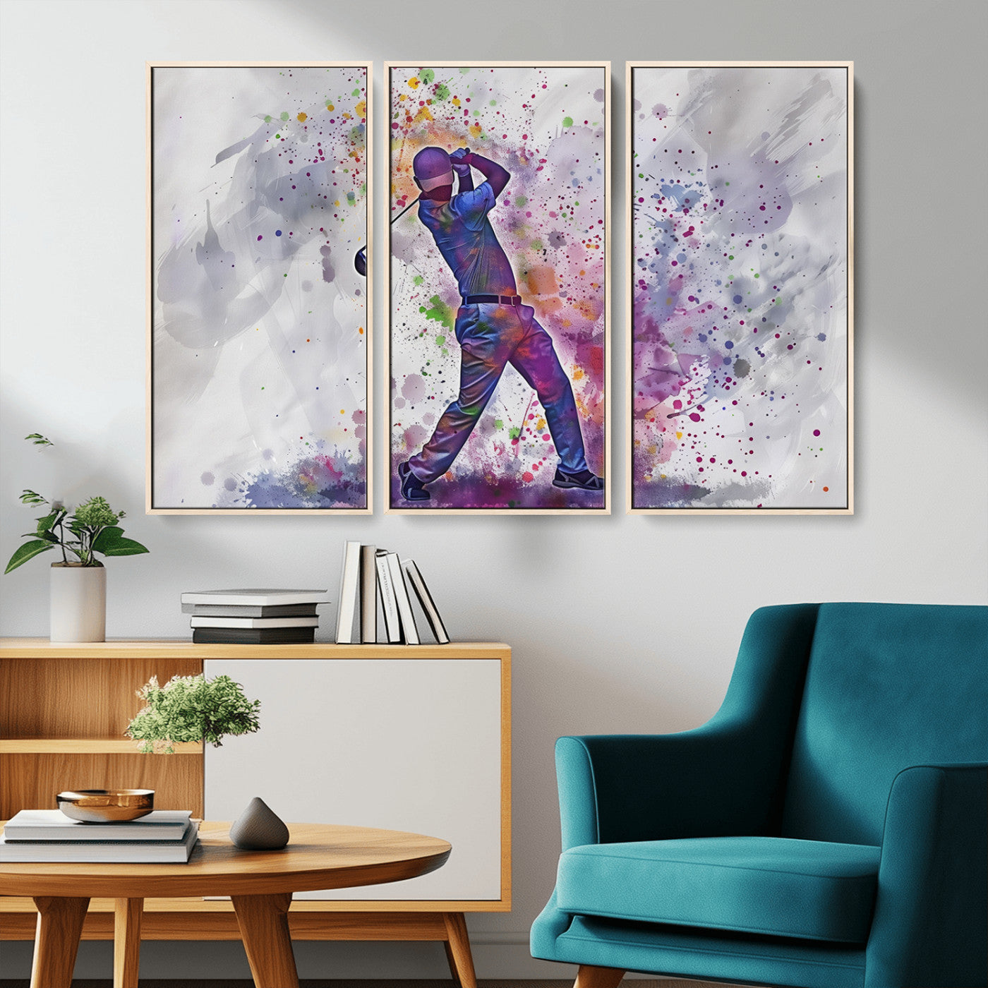 MGV-FC-48X32-3P - Watercolor Golf Swing Wall Art Canvas Print | Vibrant Abstract Golf Player Silhouette |