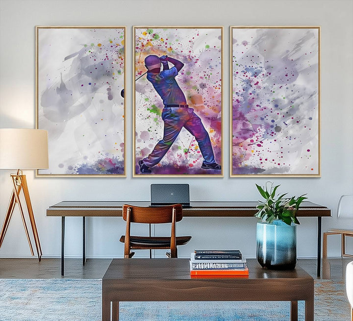 Vibrant abstract silhouette of a golf swing on white with multicolored splatters. Perfect for enthusiasts!.
