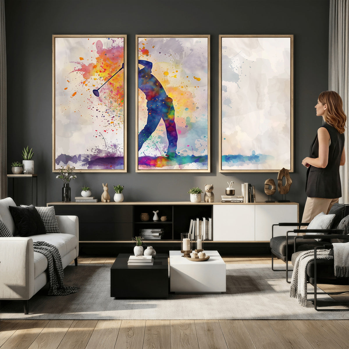 89625-MGV-CV-36X24 - Vibrant Watercolor Golf Swing Wall Art Canvas Print | Extra Large 3 Piece Canvas Wall Art