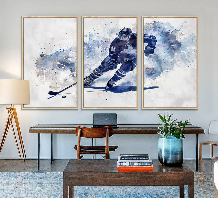 Vibrant Hockey Player Wall Art Display: Blue watercolor print.