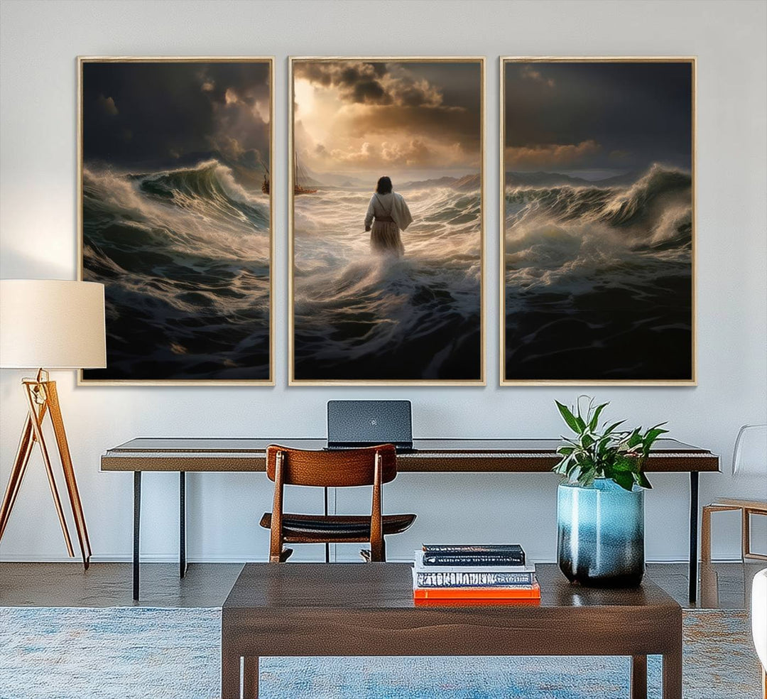 The wall art canvas print depicts a person in white striding on stormy ocean waves towards a sailboat under dramatic skies.