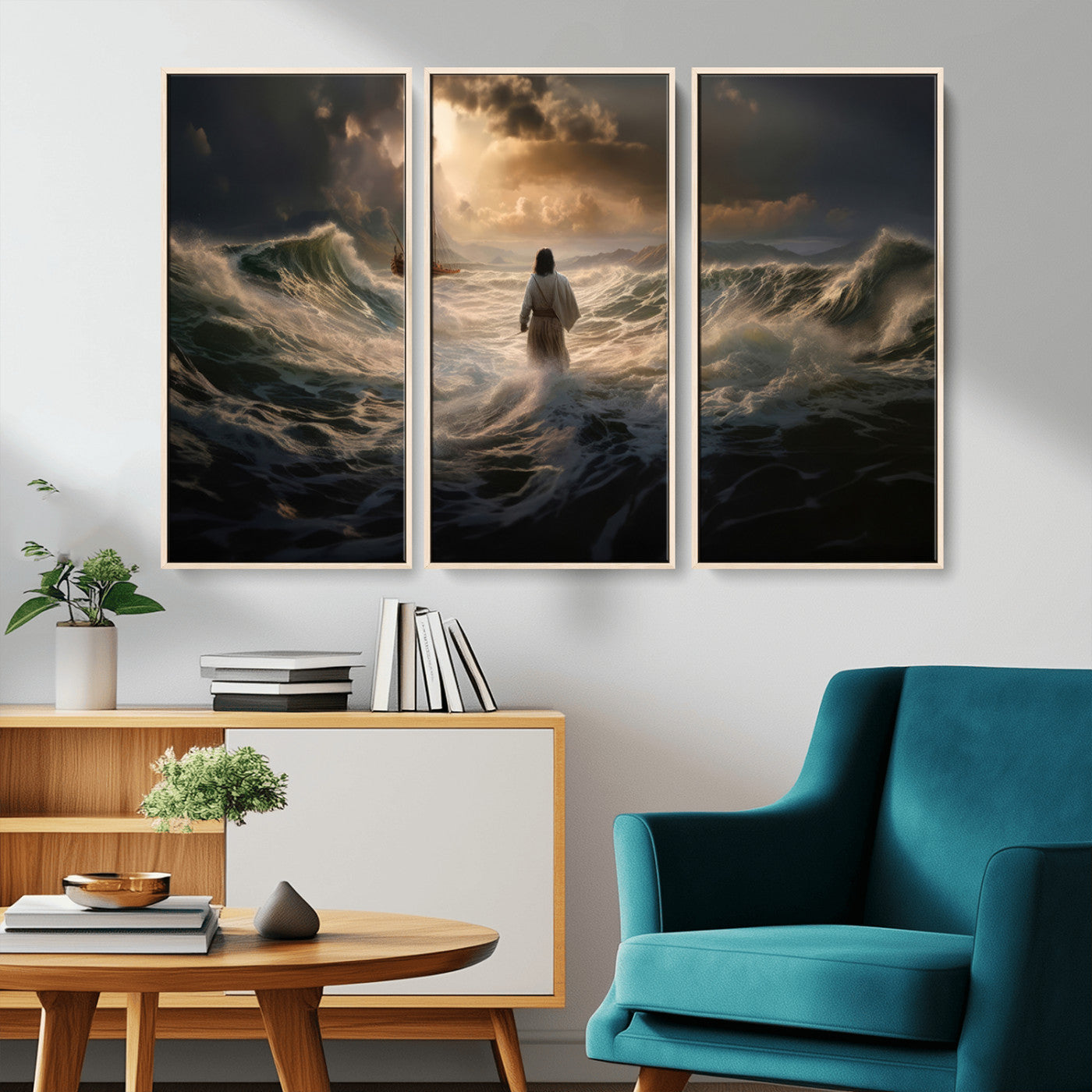 MGV-FC-48X32-3P - Jesus Walking on Water Wall Art Canvas Print - Religious Spiritual Decor - Jesus Wall Art Canvas