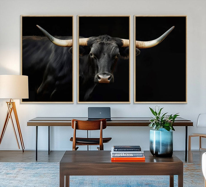 Texas Longhorn Cow | Majestic Black Bull Wall Art Canvas Print - Farmhouse Animal Decor - Ready to Hang