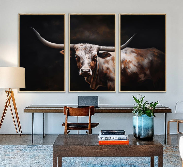 A modern kitchen featuring a Texas Longhorn Wall Art Canvas Print.