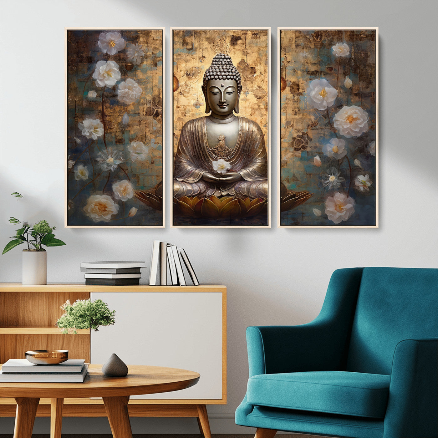 MGV-FC-48X32-3P - Golden Buddha Wall Art Canvas Print | Zen Meditation Floral Decor | Tranquil Spiritual Home Art |