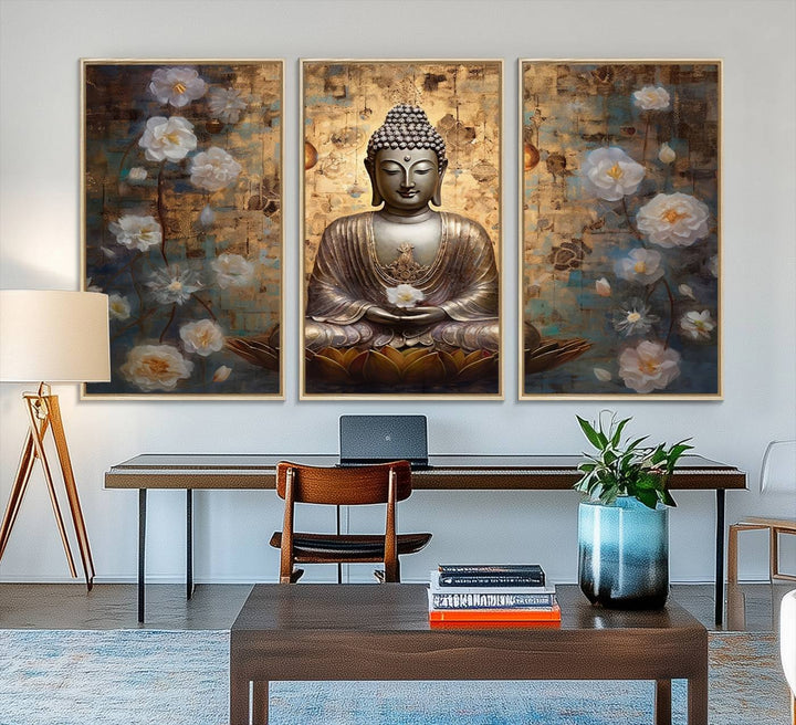 Golden Buddha wall art canvas print on a warm backdrop.