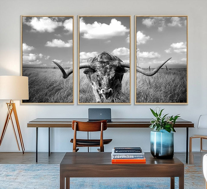 Longhorn Cow Field Canvas Print featuring rustic charm with a windmill backdrop.