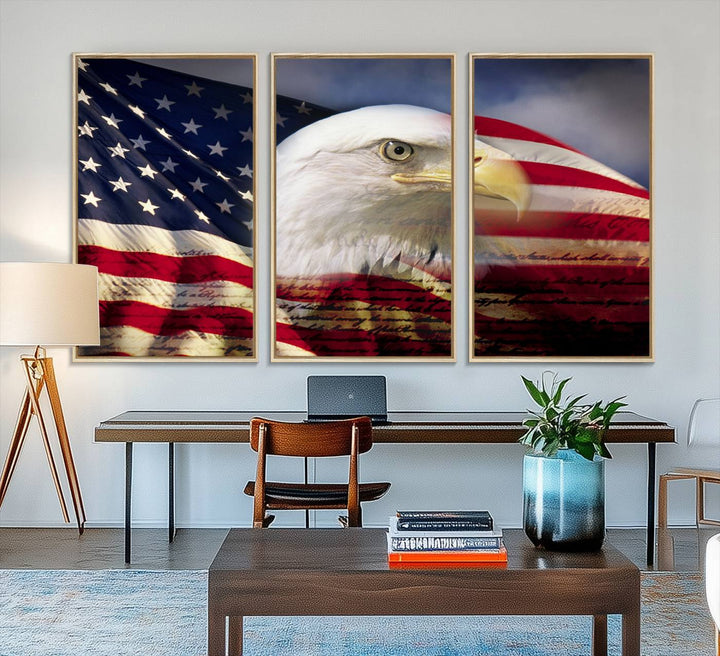 On the wall is an American Flag Eagle Symbol Wall Art Canvas Print.