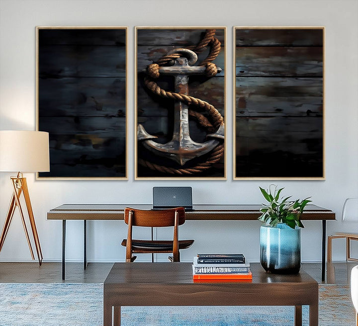 The wooden wall displays a 3 Panel Grunge Abstract Anchor Wall Art Canvas Print Set.