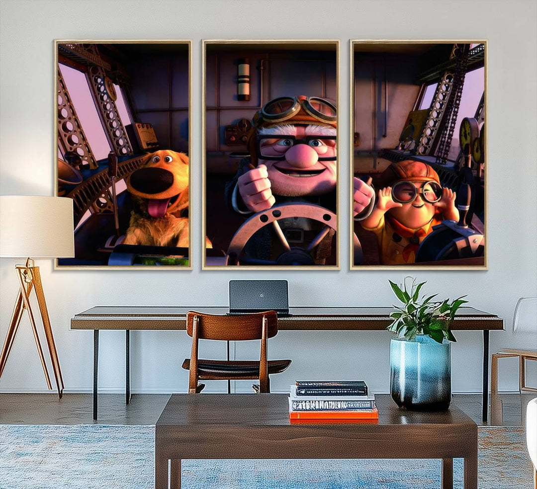 A man, boy, and dog flying a plane are depicted in the Carl Russel & Dog Movie Up wall art.