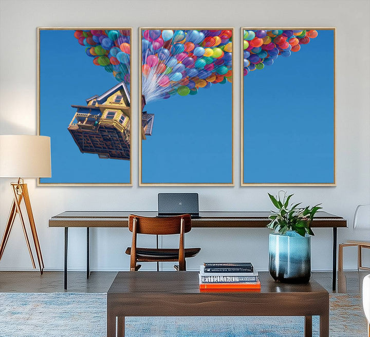 The Up house floats skyward, making it an ideal Carl Fredricksen wall art for kids rooms.