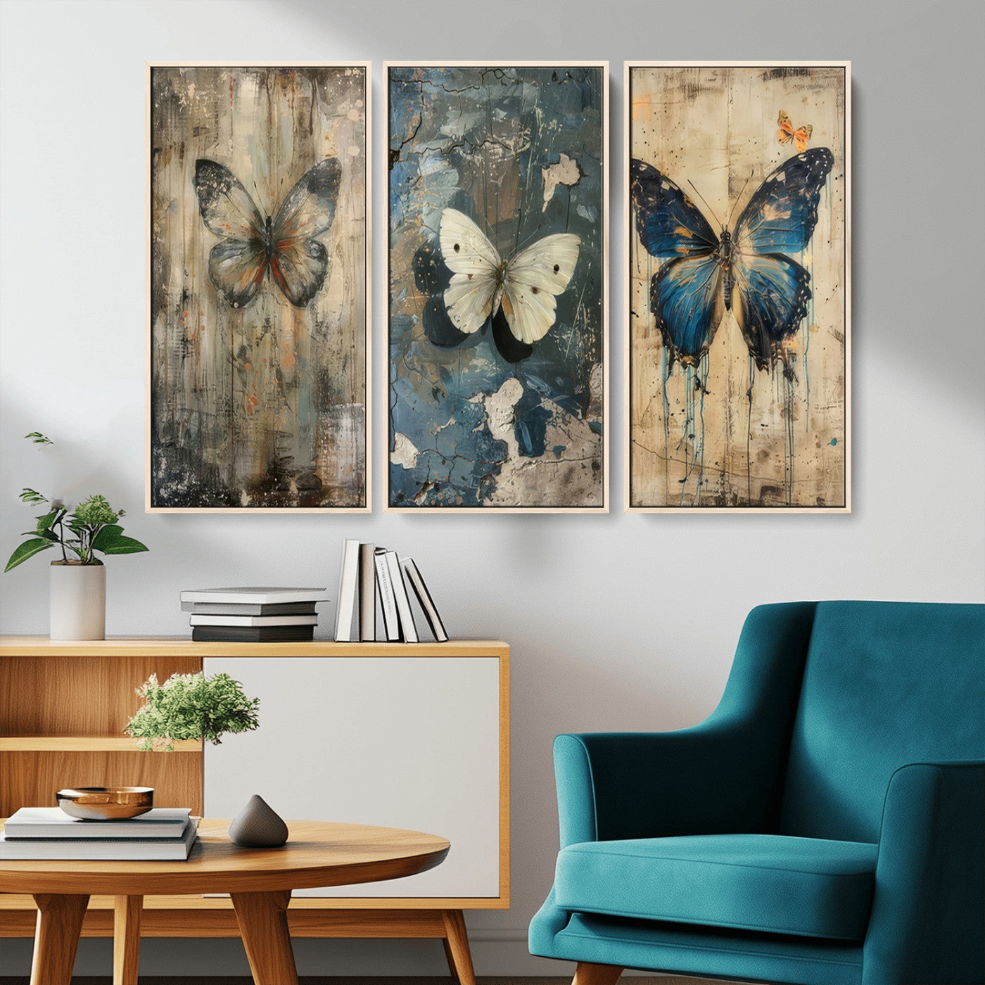 MGV-FC-48X32-3P - Butterfly Wall Art Trio | Vintage Butterfly Canvas Print | Ready to Hang Framed Artwork for