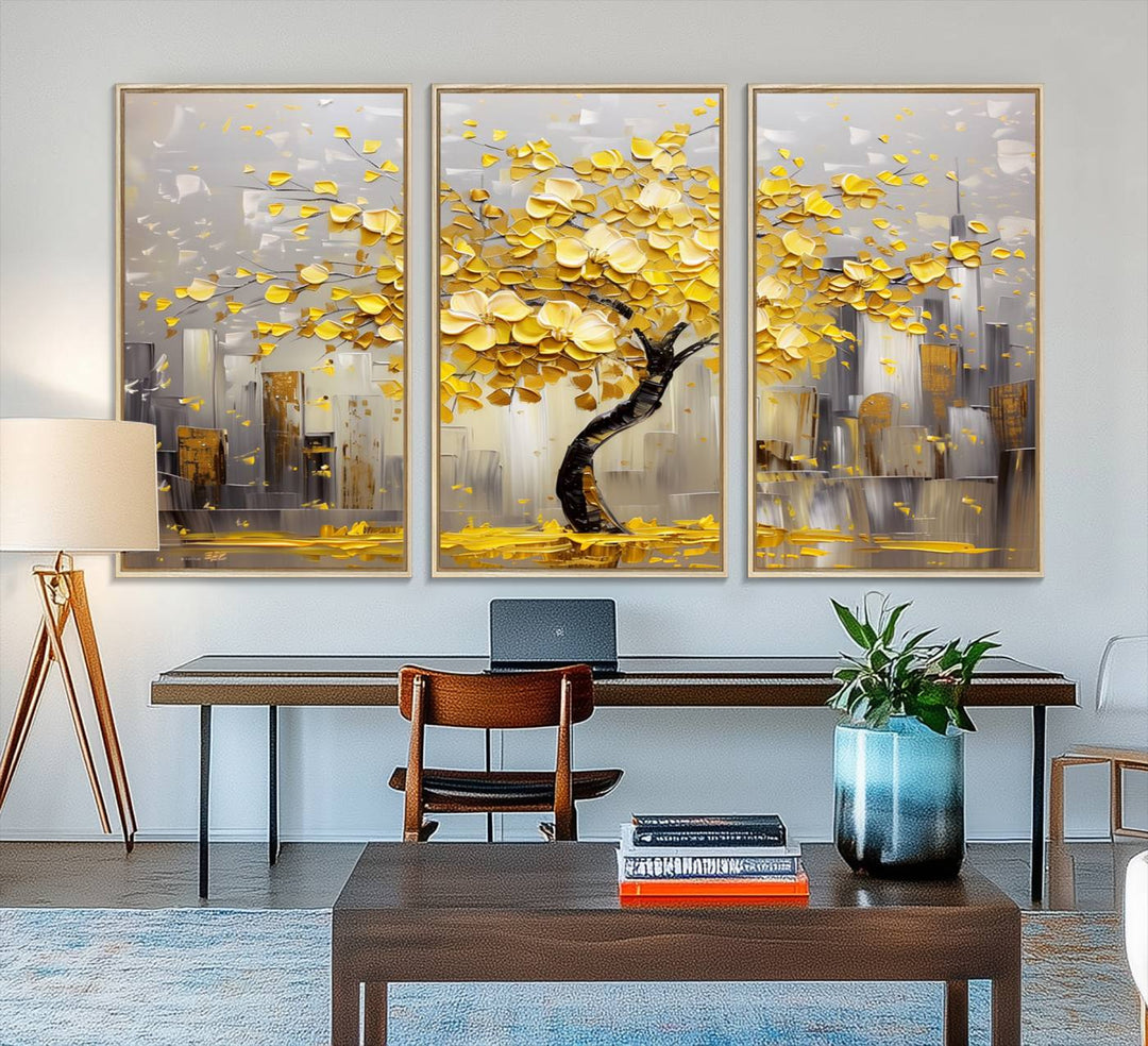 Golden Tree Canvas Print: Abstract wall art featuring golden leaves over a cityscape, ideal for modern homes. Ready to hang.