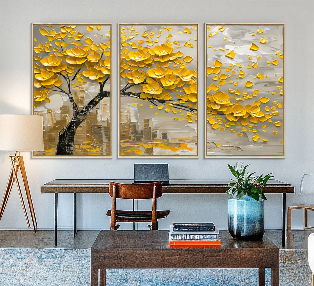 The living room showcases a Yellow Blossom Tree Canvas Wall Art, modern and floral.