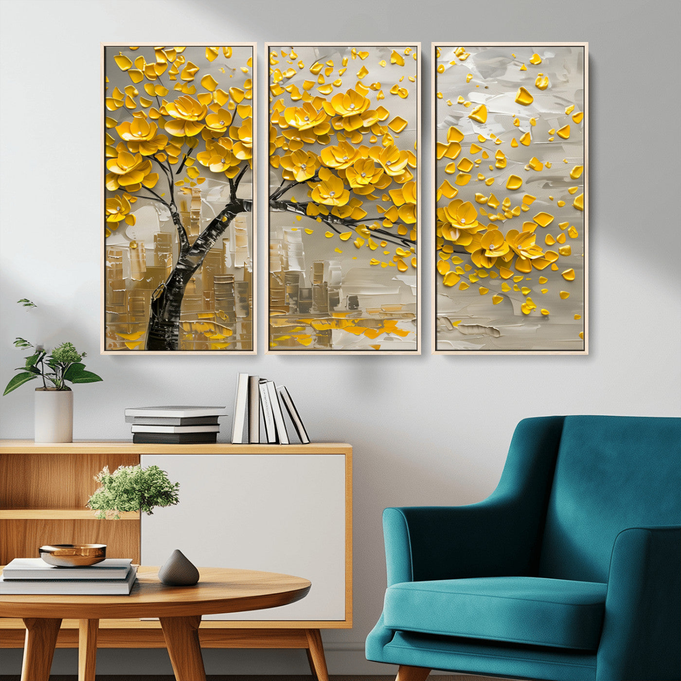 MGV-FC-48X32-3P - Yellow Blossom Tree Canvas Wall Art - Floral Abstract Modern Contemporary Artwork for Living Room or