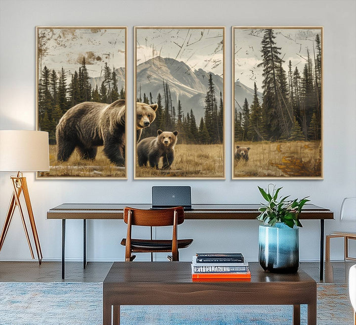 Rustic Grizzly 399: Bear Family Wall Art Canvas Print.