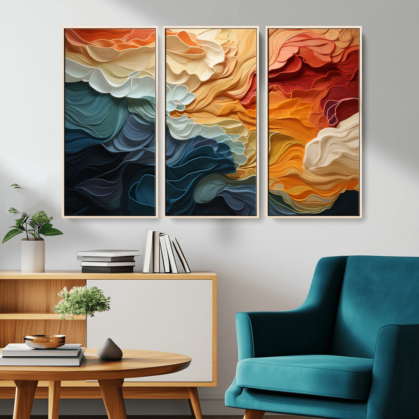MGV-FC-48X32-3P - Blue Orange Abstract Wave Wall Art Canvas Print, Framed Blue Orange Wave Wall Art