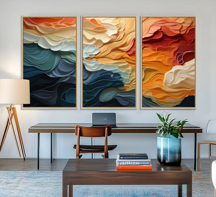 Blue Orange Abstract Wave Wall Art Canvas Print.