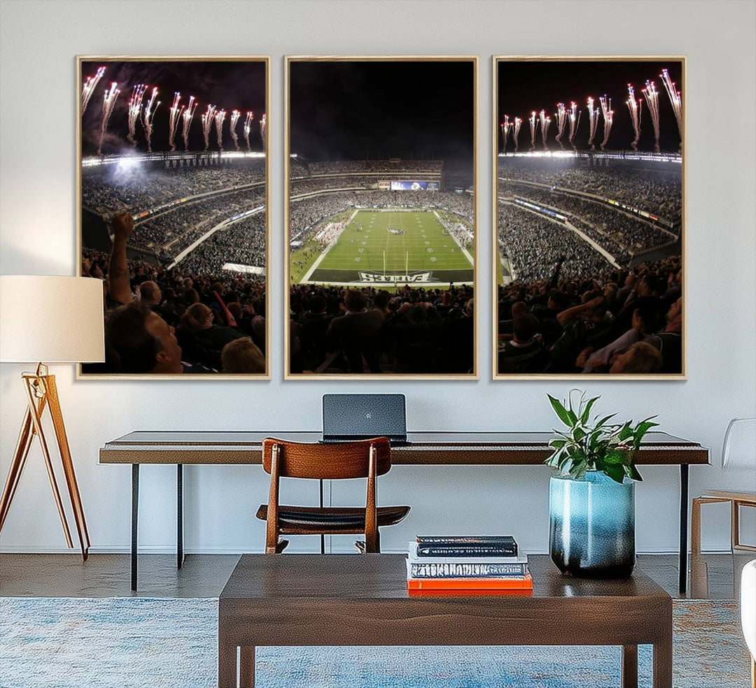 The wall art of Eagles Field Stadium showcases nighttime fireworks over a full stadium.