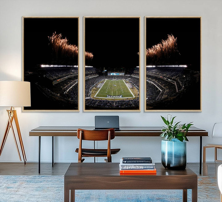 Eagles Stadium Wall Art depicting a nighttime game and fireworks at Lincoln Financial Field.