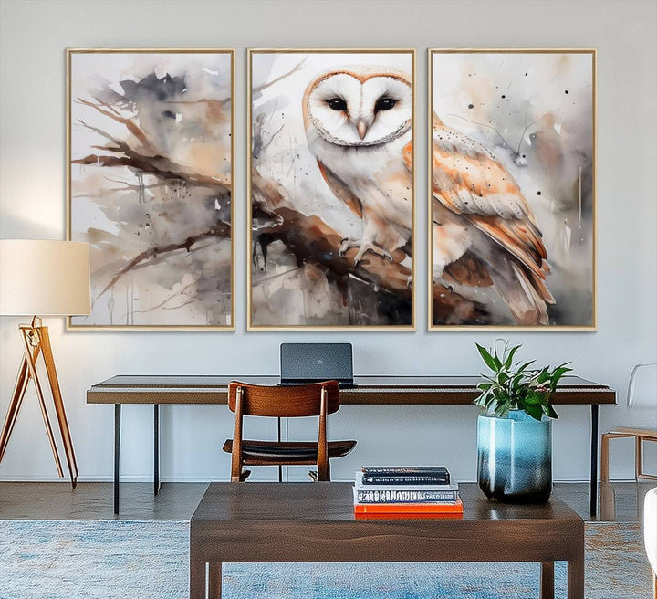 The Barn Owl Wall Art watercolor canvas adds a rustic twist to farmhouse decor.