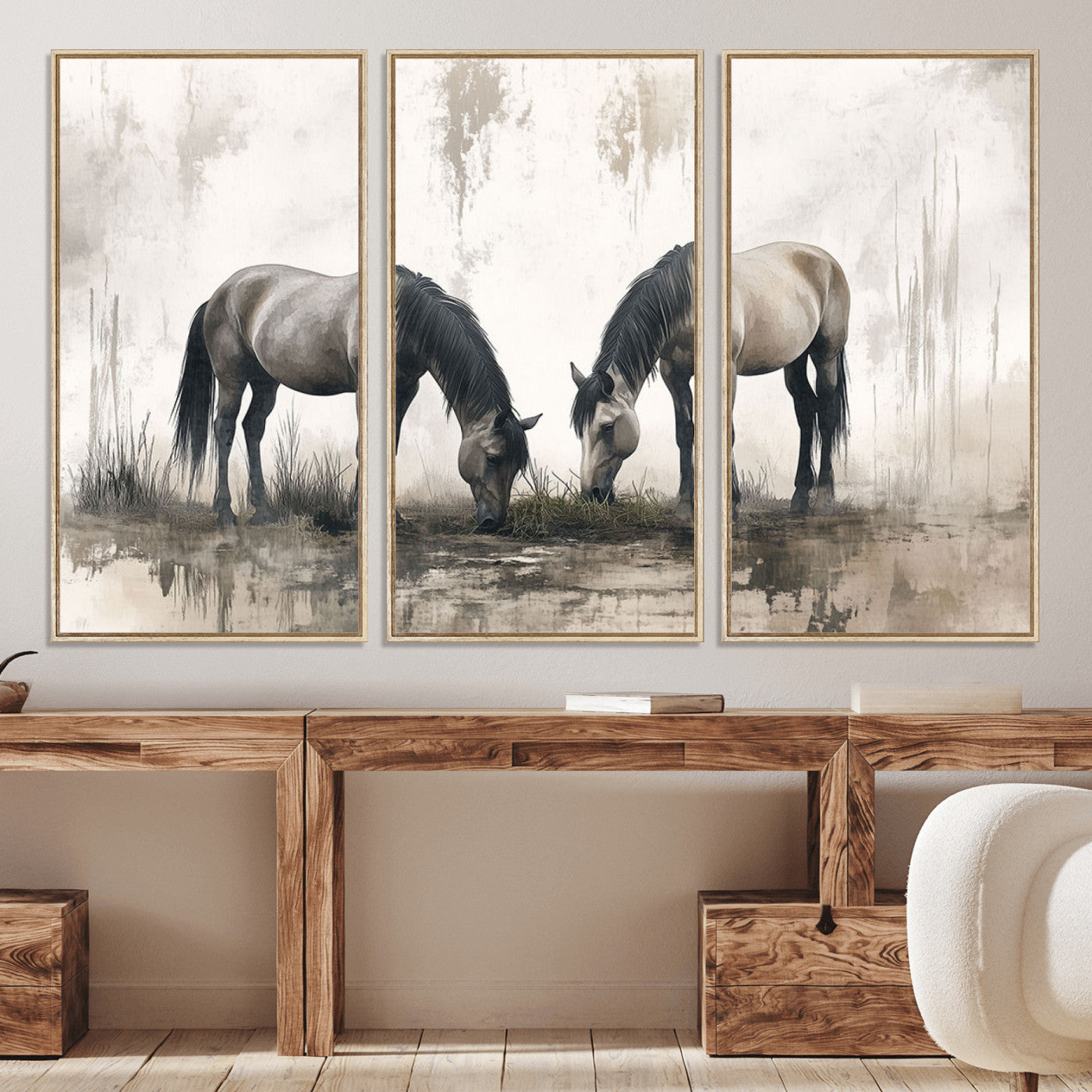 35494-MGV-CV-36X24-Chines Ink Style Vintage Horses Wall Art Canvas Print for Farmhouse Wall Decor