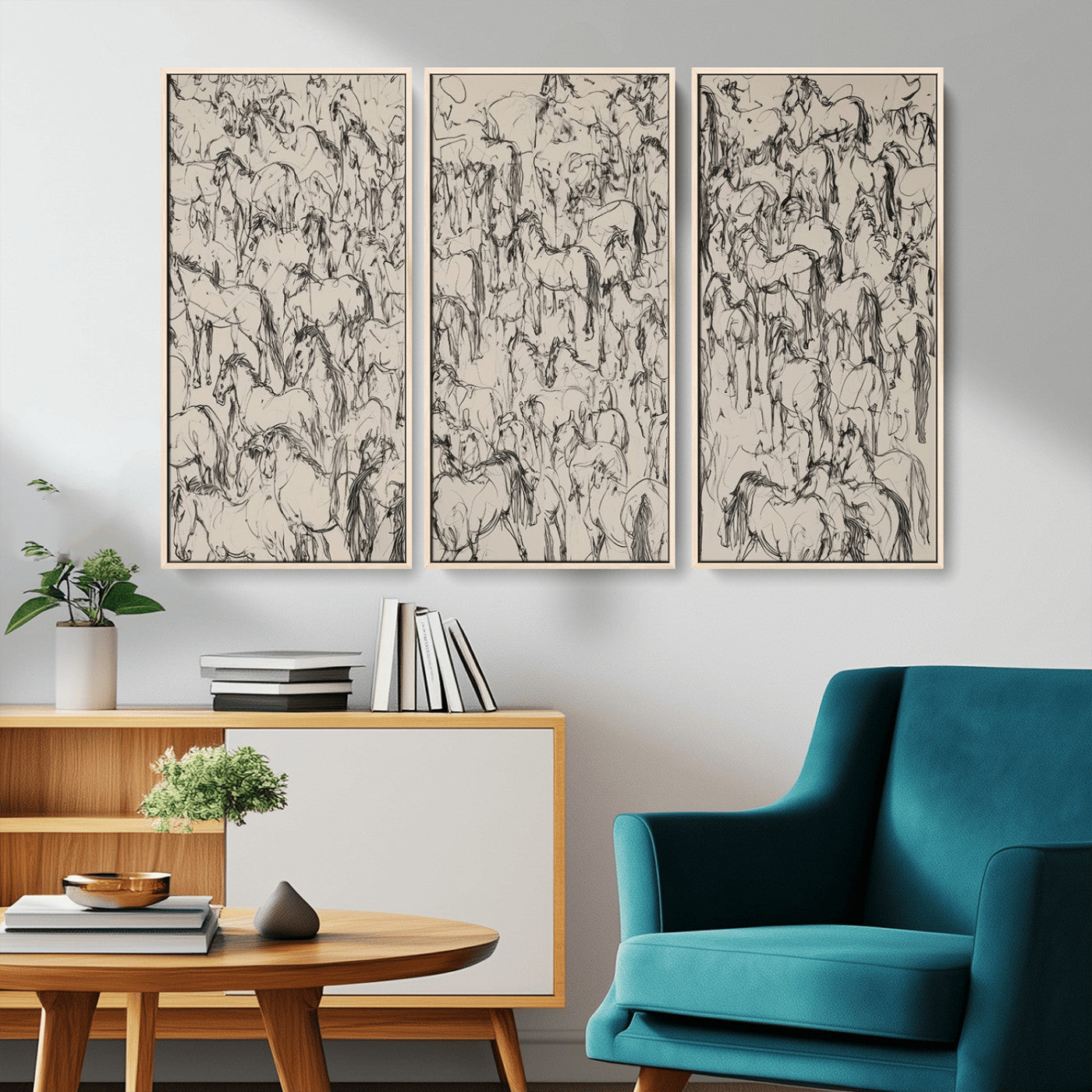 25718-MGV-FC-48X32-3P_Natural-Abstract Horse Sketch Wall Art | Ready to Hang and Framed | Farmhouse Wall Decor for Living Room or
