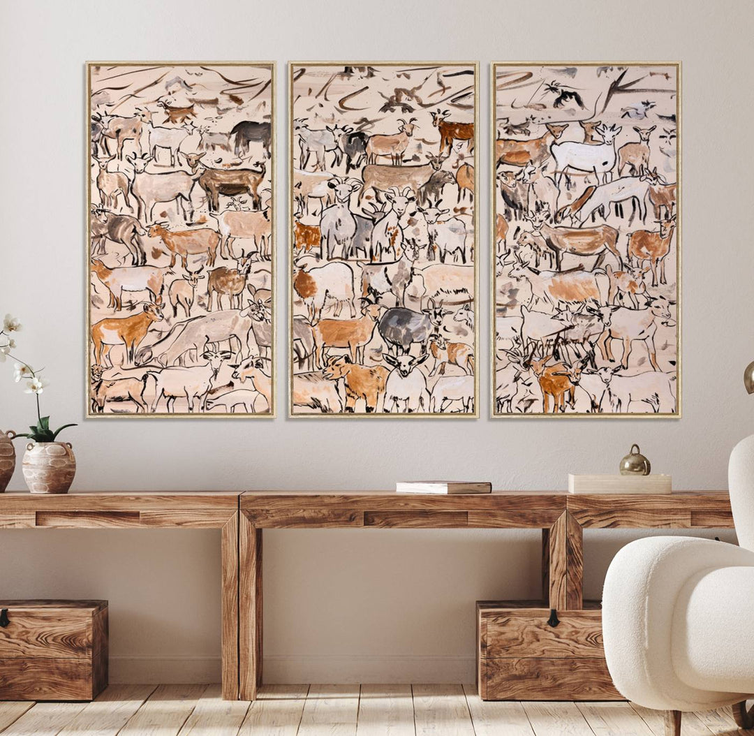 Framed Goat Herd Wall Art in minimal brush strokes on a beige backdrop, ideal for farmhouse or cabin decor.